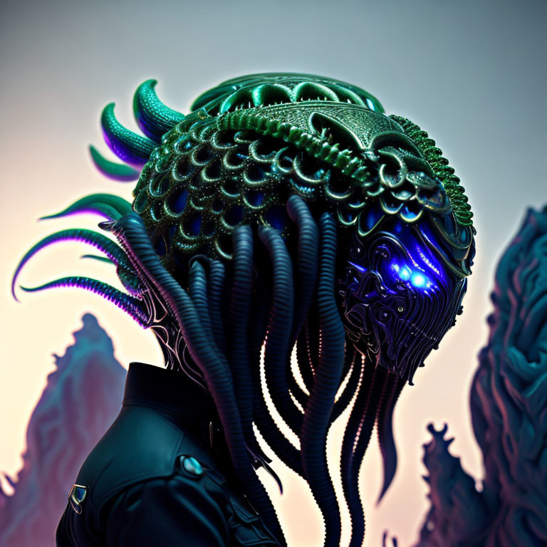 Detailed alien creature with textured head and glowing eye on moody backdrop