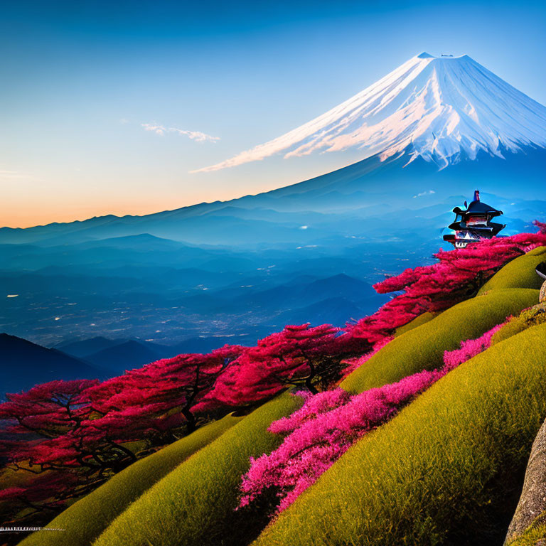 Mount Fuji with Pink Shibazakura Flowers and Japanese Pagoda in Clear Blue Sky