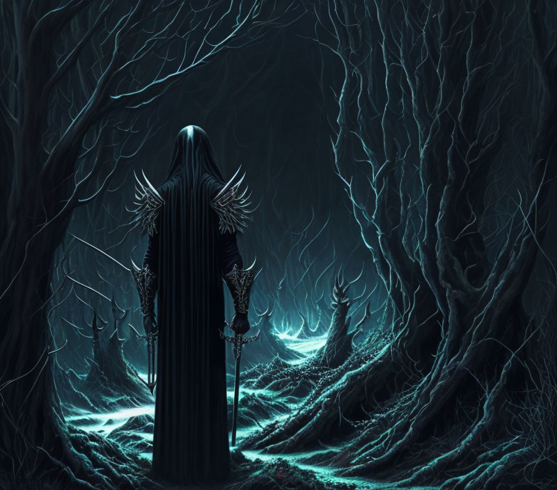 Mysterious cloaked figure in eerie forest with twisted trees