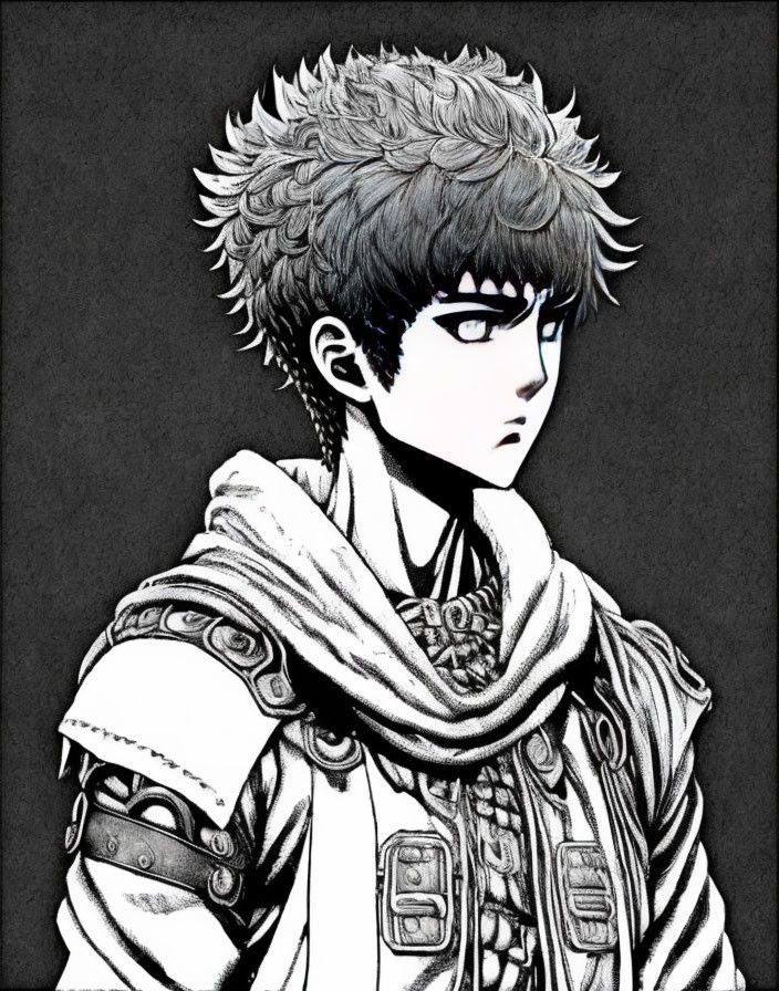 Monochrome illustration of young male character with spiky hair and detailed jacket.