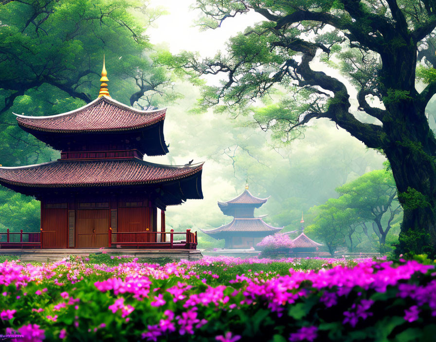 Traditional Asian pagodas surrounded by lush greenery and vibrant purple flowers in a misty setting