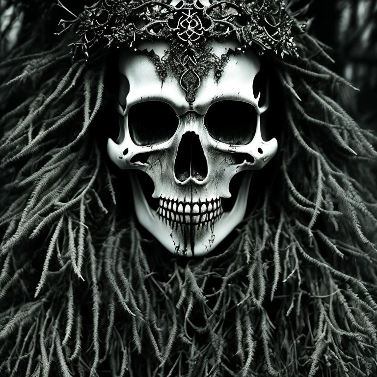 Skull mask with metalwork and twig crown on dark fiber background