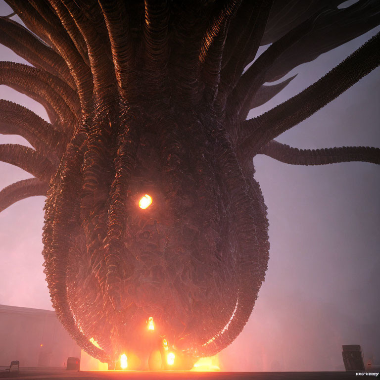 Giant tentacled alien with glowing eye in misty industrial setting