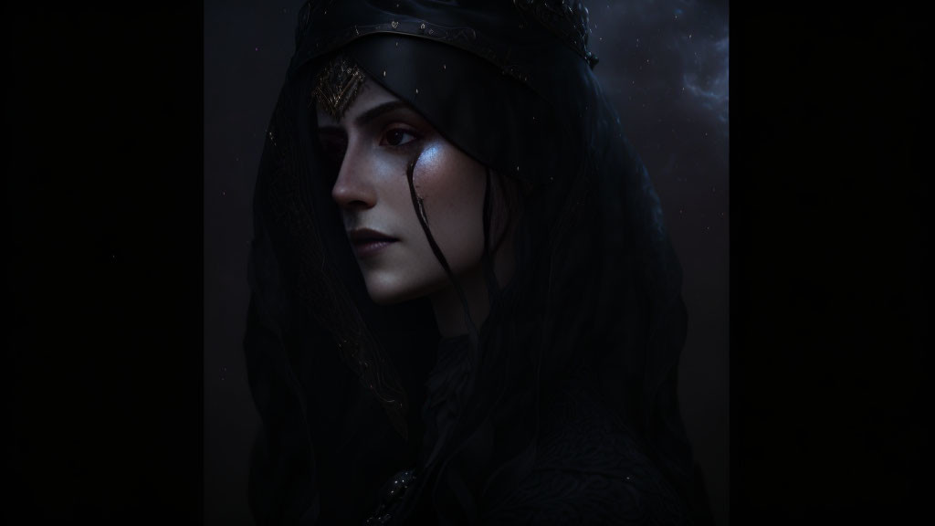 Portrait of person with dark veil and ornate headpiece against cosmic background