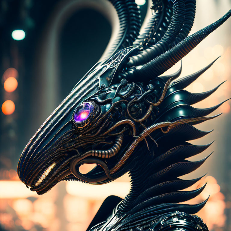 Detailed Cybernetic Dragon Head with Glowing Purple Eye and Metallic Scales