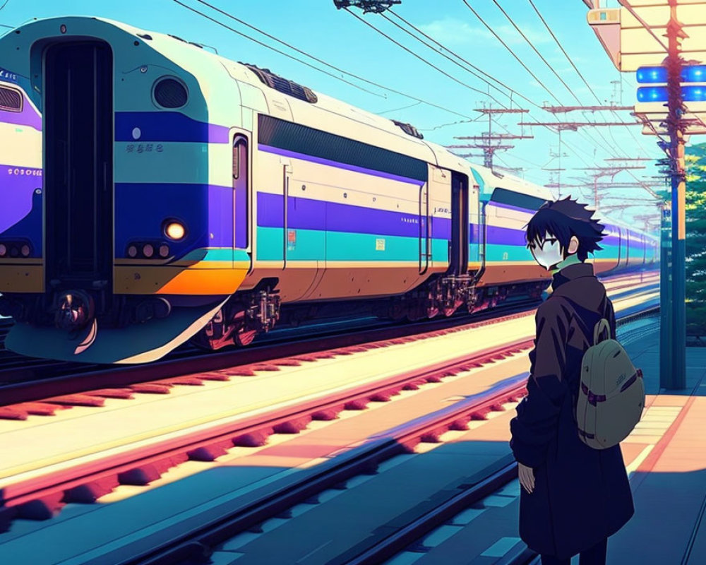 Dark-Haired Anime Character on Train Platform at Sunset