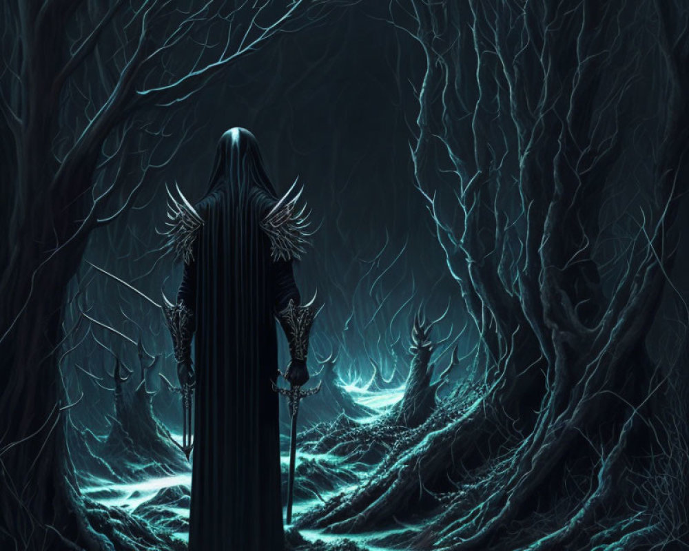 Mysterious cloaked figure in eerie forest with twisted trees