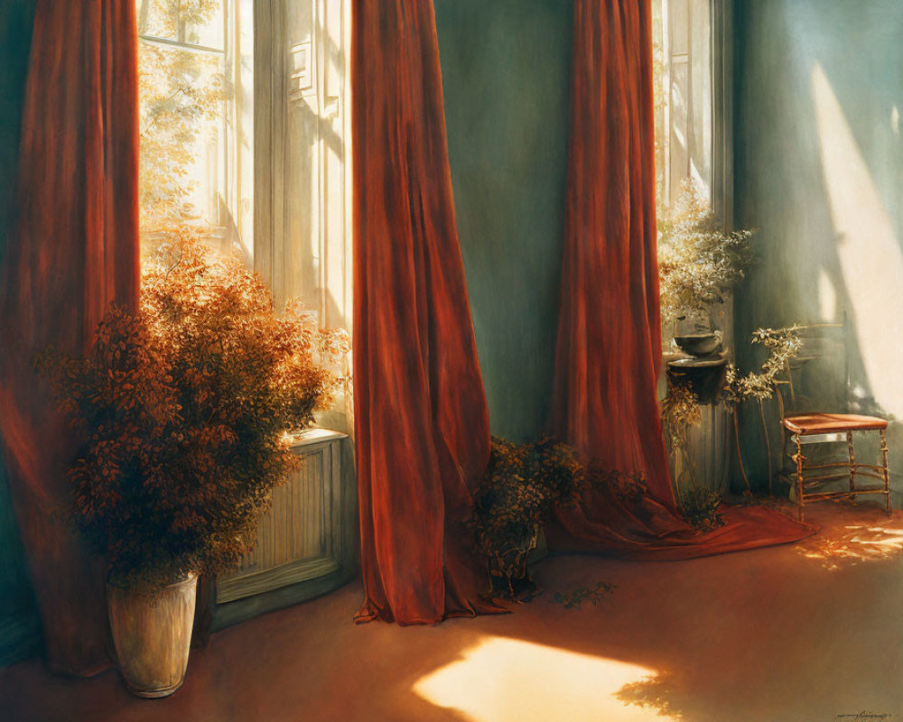 Bright sunlit room with red curtains, greenery, and wooden stool
