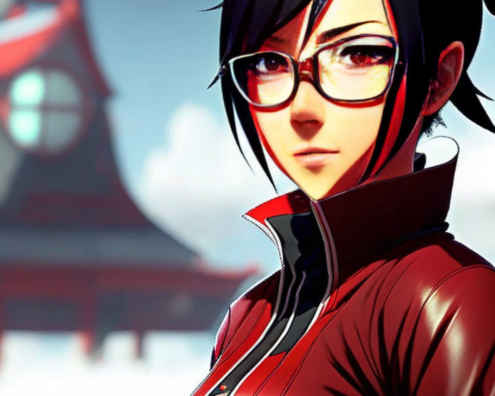 Stylized image of female character with black hair, glasses, red jacket, and blurred traditional building