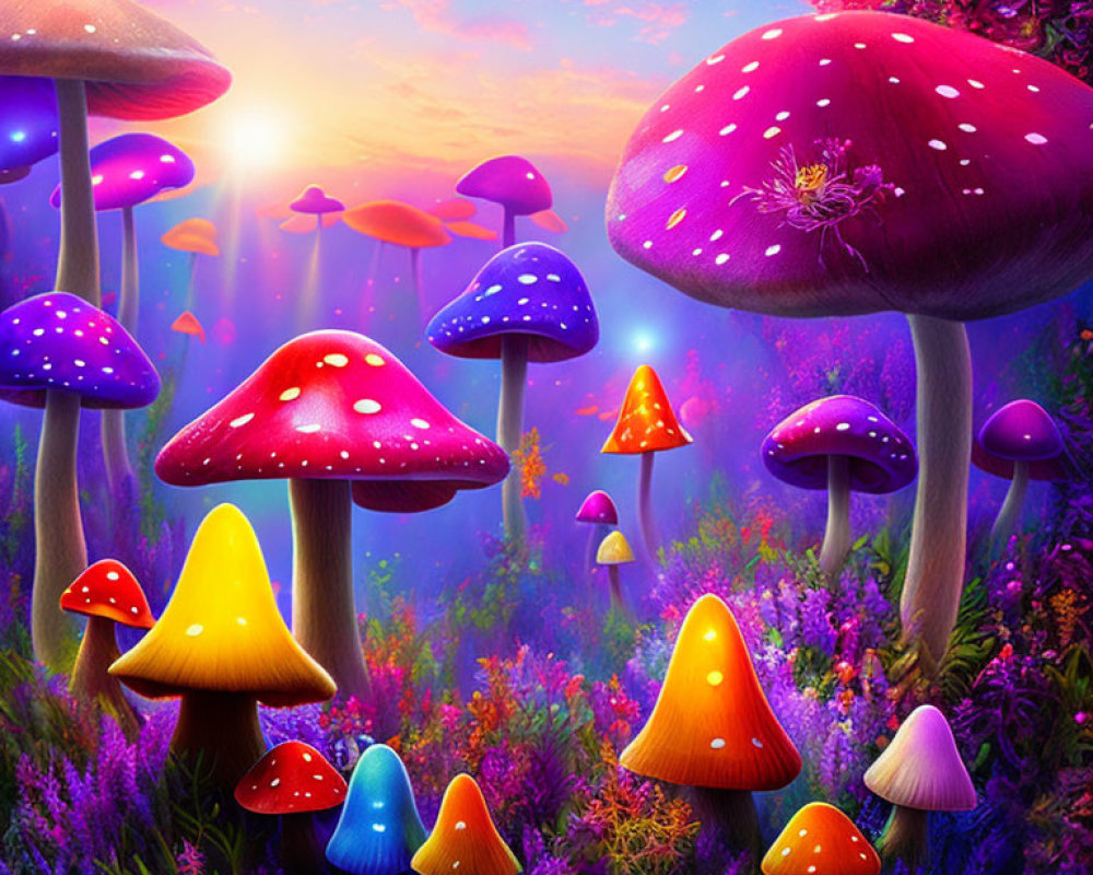 Colorful whimsical mushroom digital artwork with magical glow on sunset background