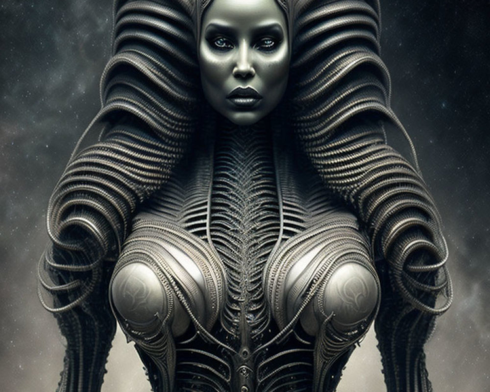 Detailed Futuristic Armor on Female Figure in Cosmic Setting