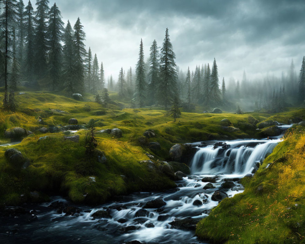 Tranquil forest scene with cascading waterfall and lush greenery