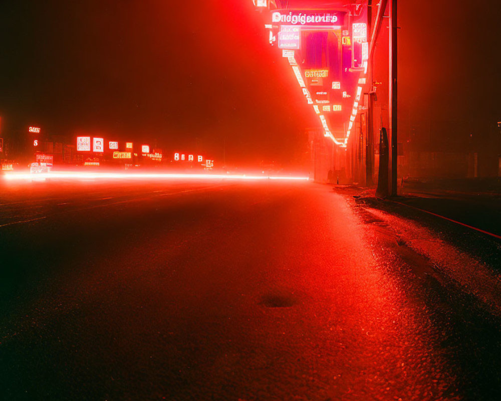 Nighttime city street with red light, fog, illuminated signs, and vehicle tail lights.