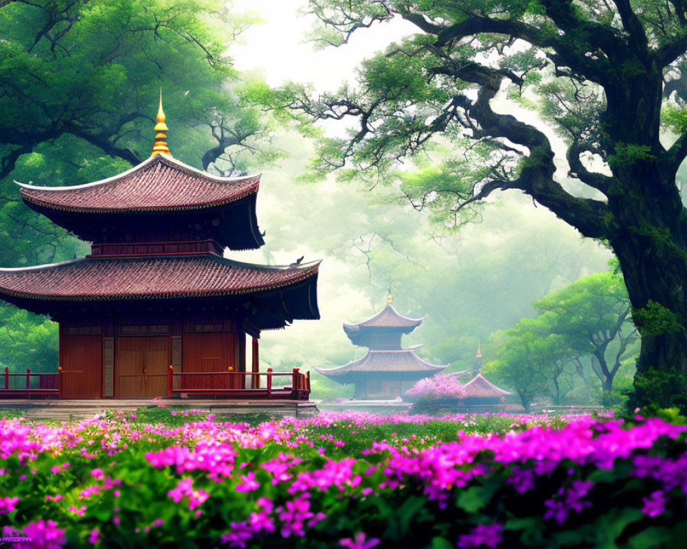 Traditional Asian pagodas surrounded by lush greenery and vibrant purple flowers in a misty setting