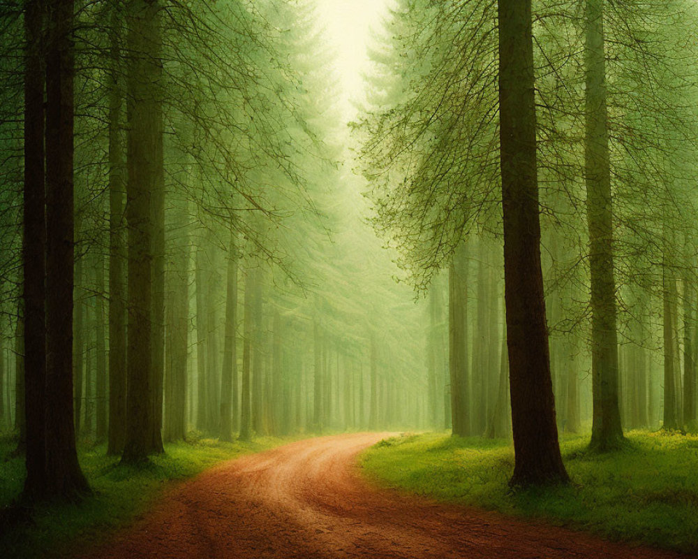 Tranquil Forest Path with Tall Trees and Green Light