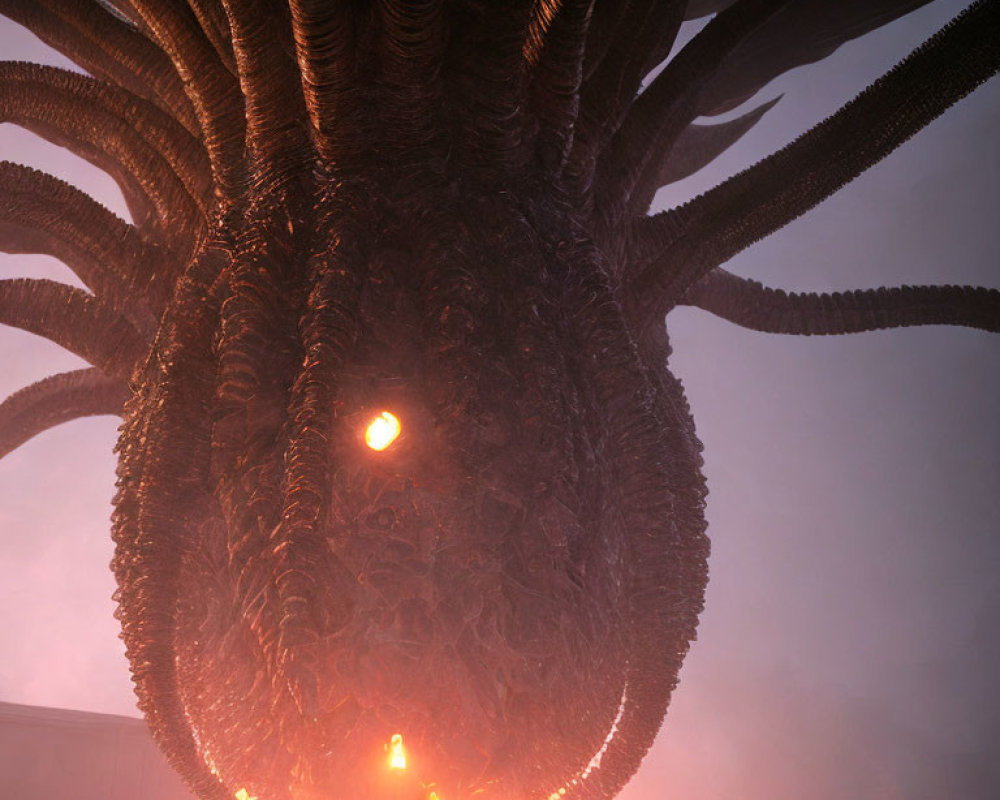 Giant tentacled alien with glowing eye in misty industrial setting