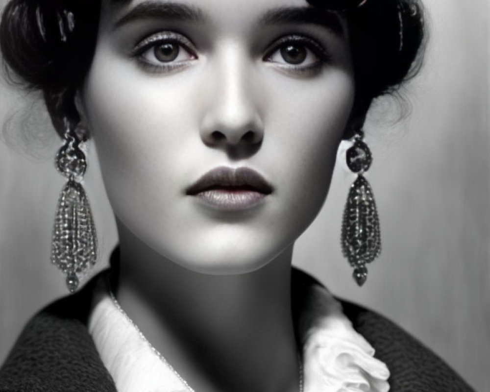 Monochrome portrait of woman with dark curled hair and chandelier earrings