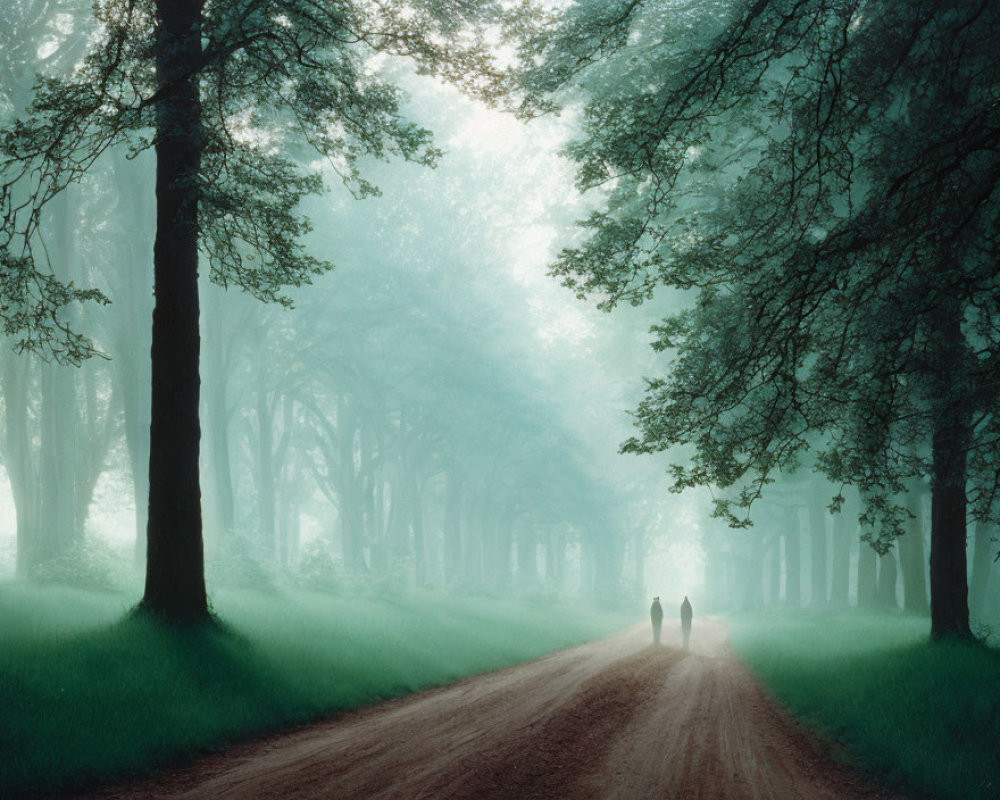 Misty forest scene with figures on dirt path and towering trees