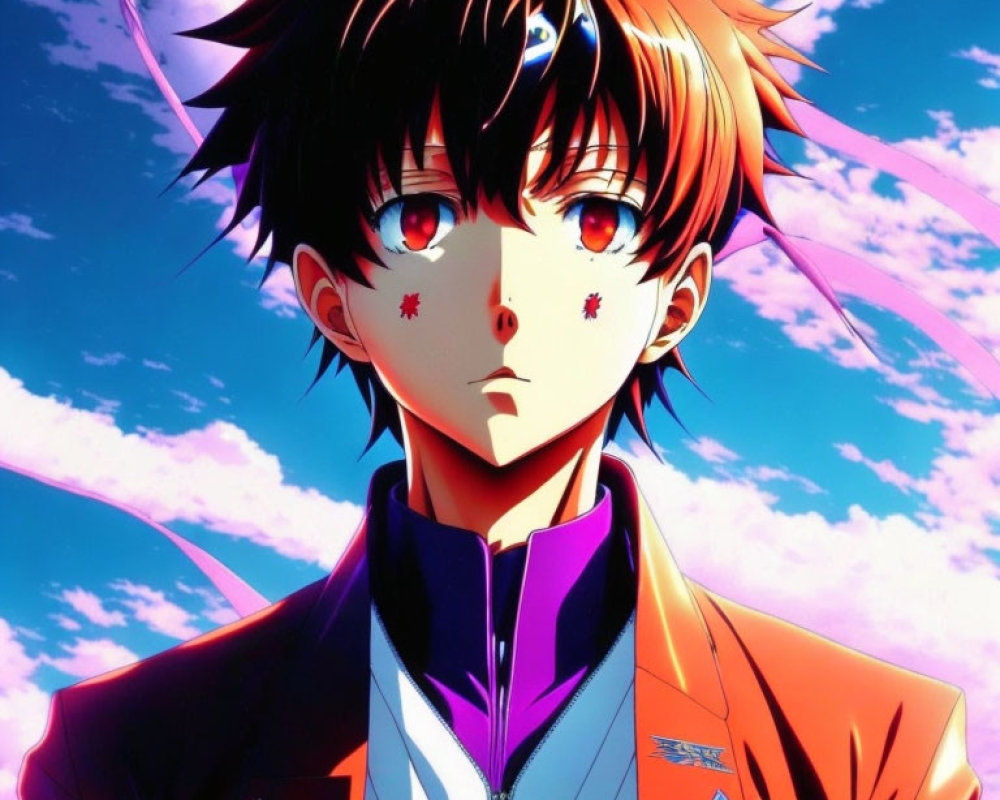 Anime character with spikey brown hair and red eyes against blue sky