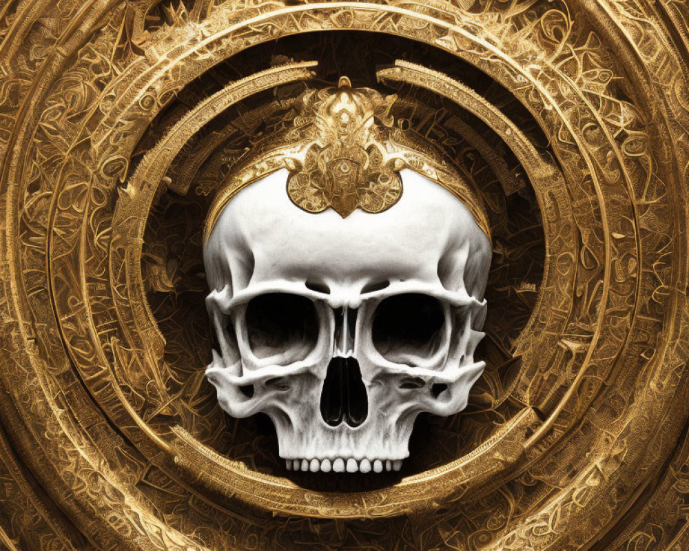 Human Skull on Golden Mandala Pattern with Ornate Forehead Decoration