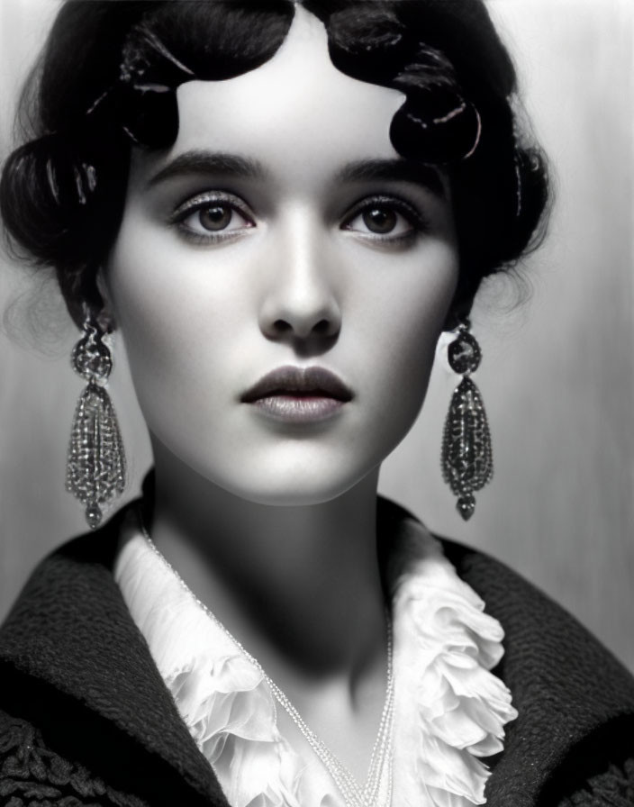 Monochrome portrait of woman with dark curled hair and chandelier earrings