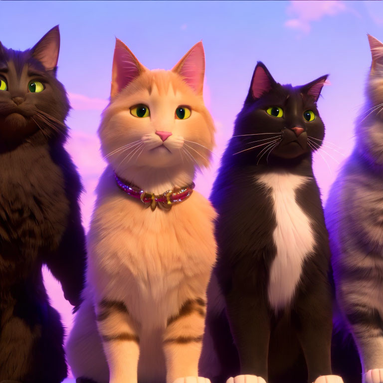 Four animated cats with human-like expressions against purple sky with clouds