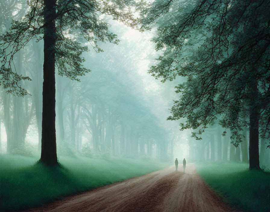 Misty forest scene with figures on dirt path and towering trees
