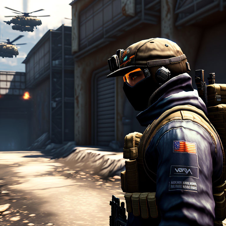 Soldier in tactical gear overlooking courtyard with helicopters.