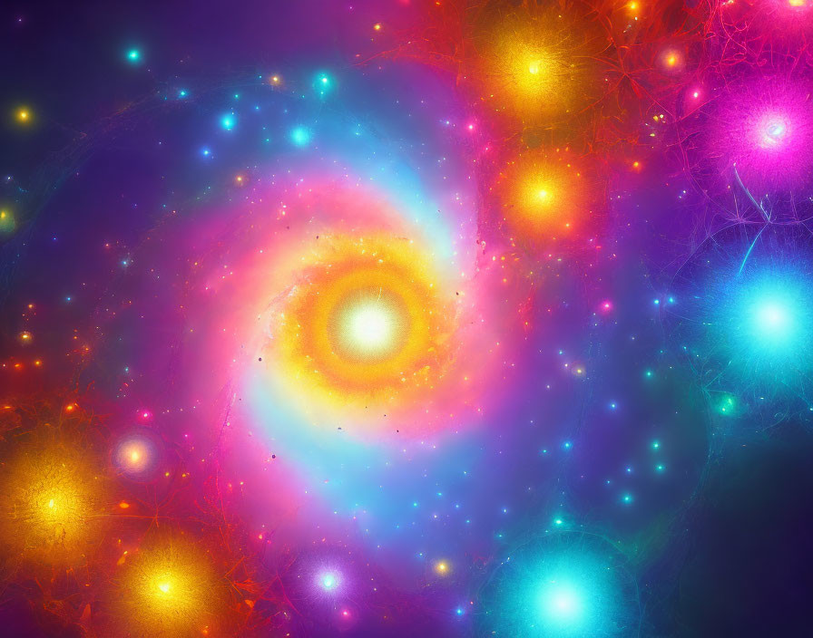 Colorful Spiral Galaxy Artwork with Neon Colors and Glowing Celestial Bodies