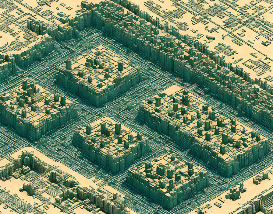 Isometric illustration of city-themed circuit board