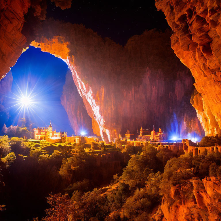 Majestic castle in a cave at night with starlit sky and vibrant lighting effects