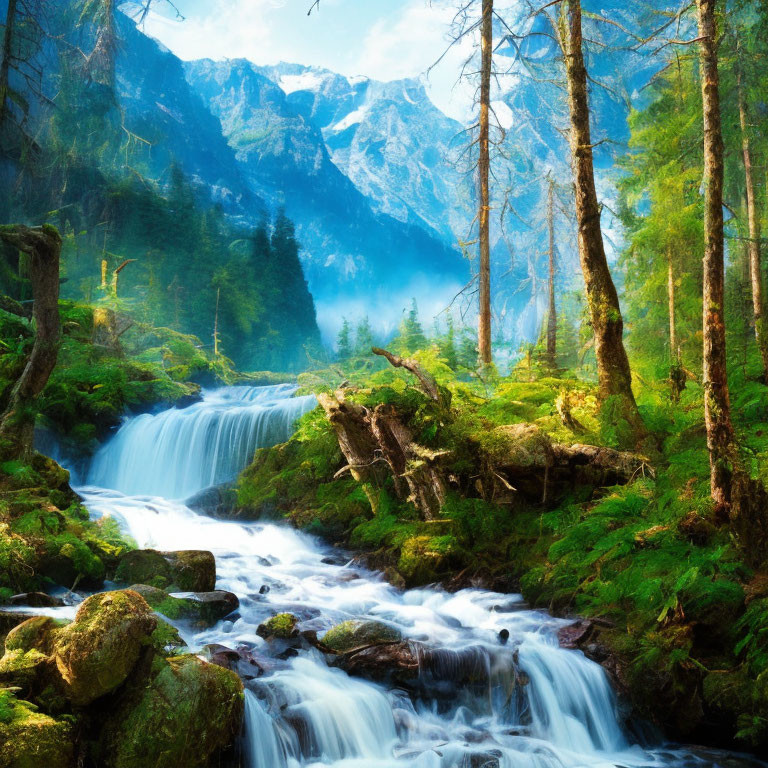 Verdant forest with waterfall, mountains, and mist scenery.