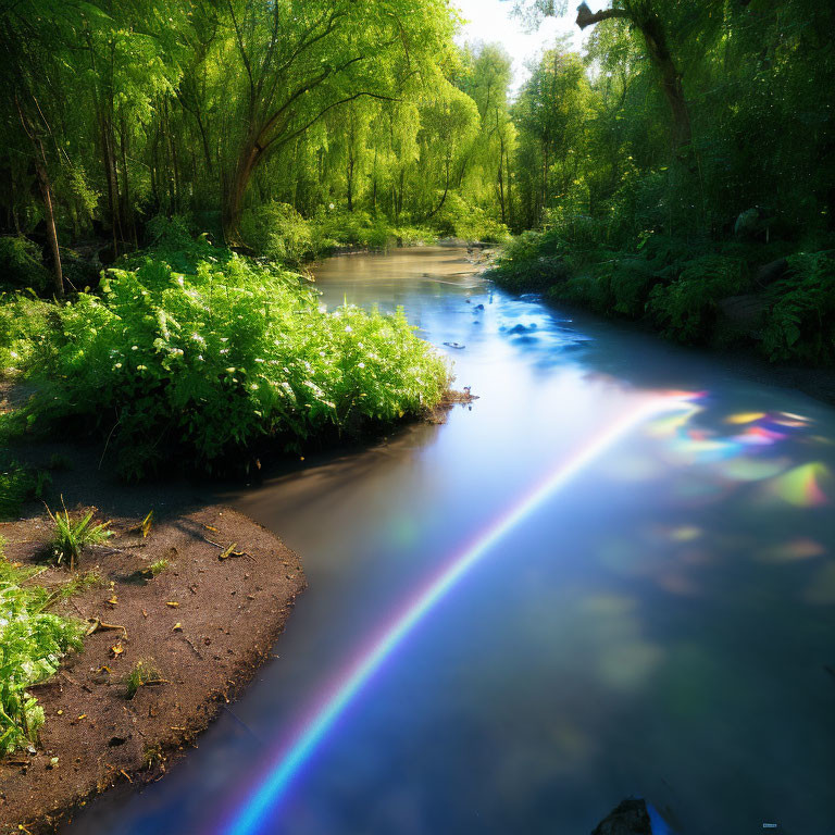 Tranquil forest scene: serene river, lush green foliage, vibrant rainbow