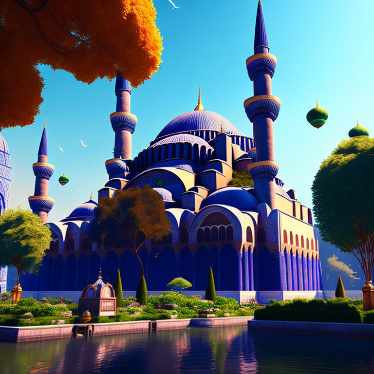 Colorful digital illustration of mosque with domes and minarets in scenic landscape
