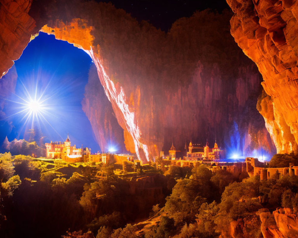 Majestic castle in a cave at night with starlit sky and vibrant lighting effects