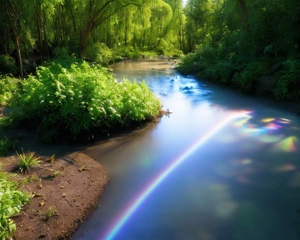 Tranquil forest scene: serene river, lush green foliage, vibrant rainbow