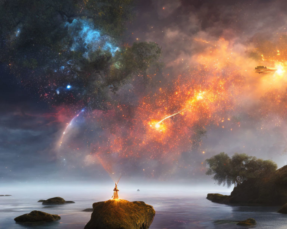 Person on Rock by Sea Under Night Sky with Galaxies and Shooting Stars
