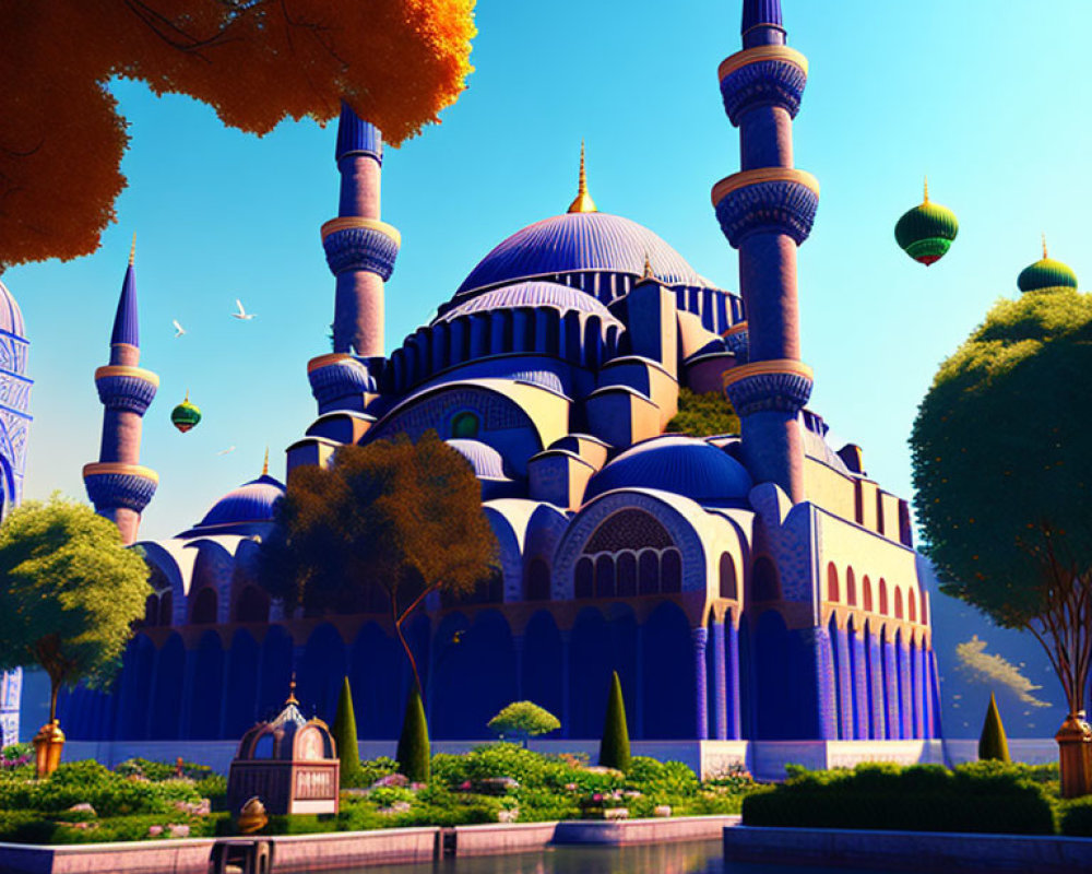 Colorful digital illustration of mosque with domes and minarets in scenic landscape