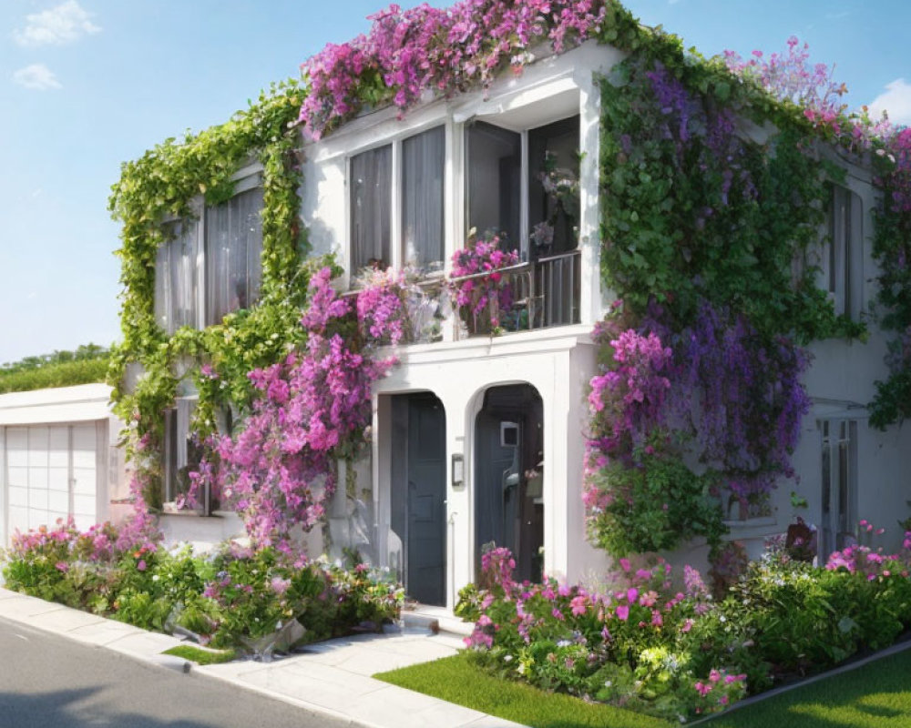 Charming two-story house with white walls, ivy, pink flowers, balcony, front yard,