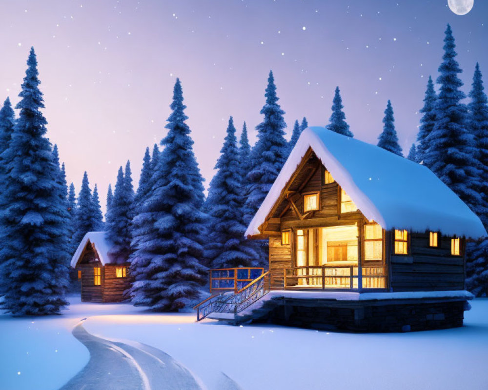 Snowy Forest Cabin in Starry Night with Full Moon