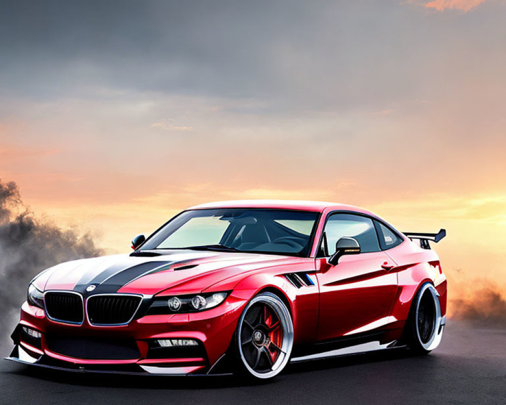 Custom Red and White Paint BMW with Aftermarket Rims and Rear Wing at Sunset