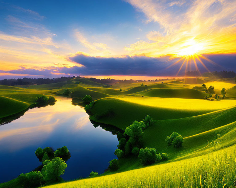 Scenic sunrise over green hills, river, and golden-lit trees