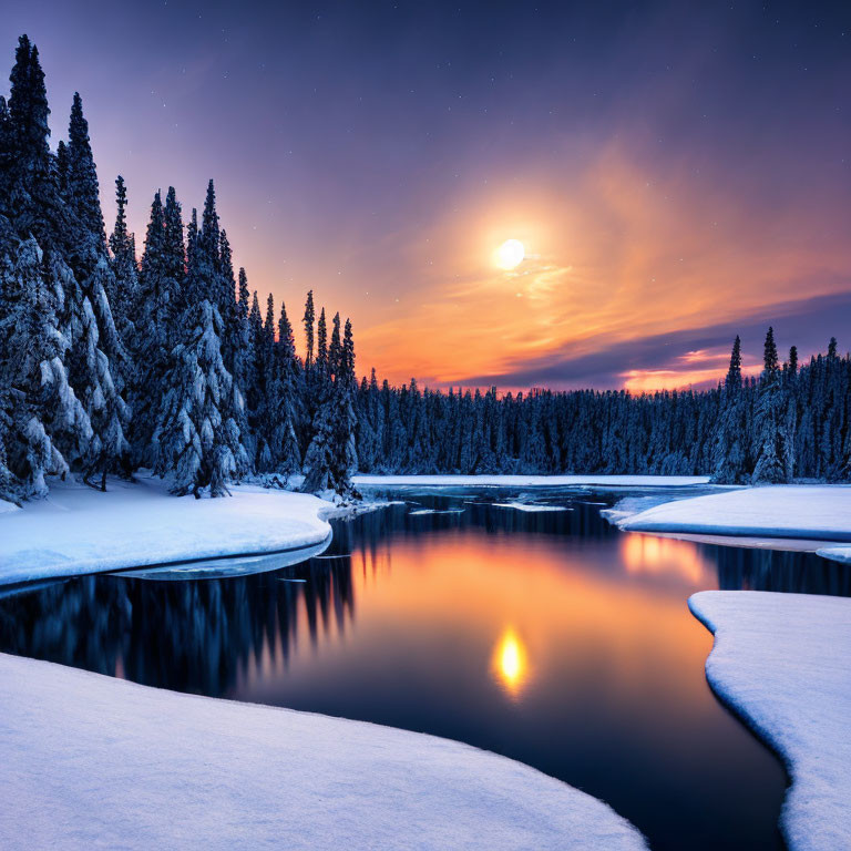 Snow-covered trees, calm river, full moon, starry sky: Serene winter scene at twilight