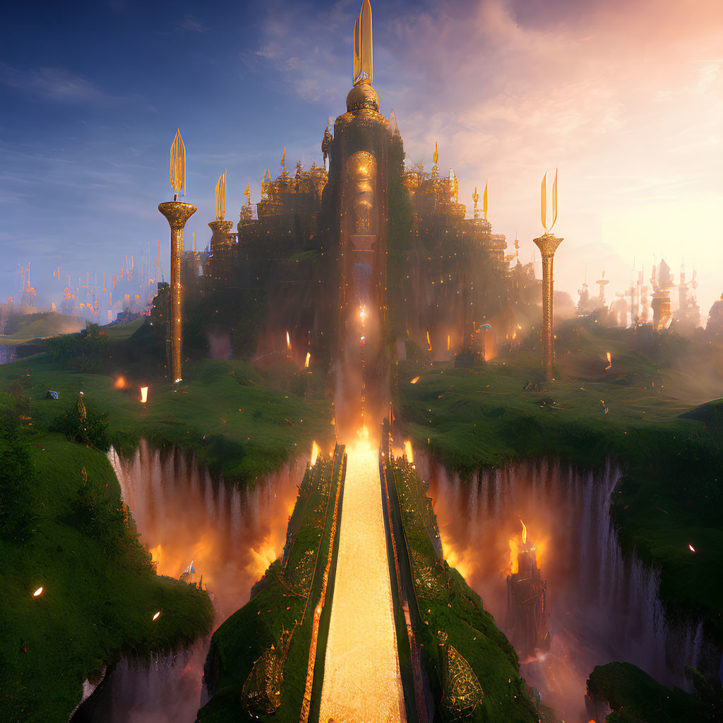 Fantasy castle at sunset with golden path over chasm