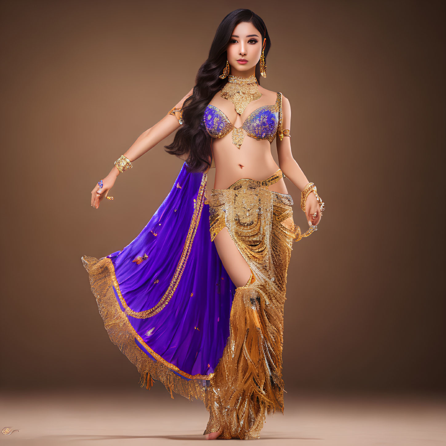 Luxurious Purple and Gold Belly Dancing Costume with Beadwork and Jewelry