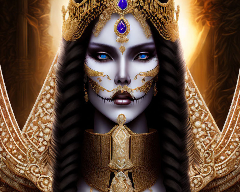 Regal female figure in golden armor with blue gemstones