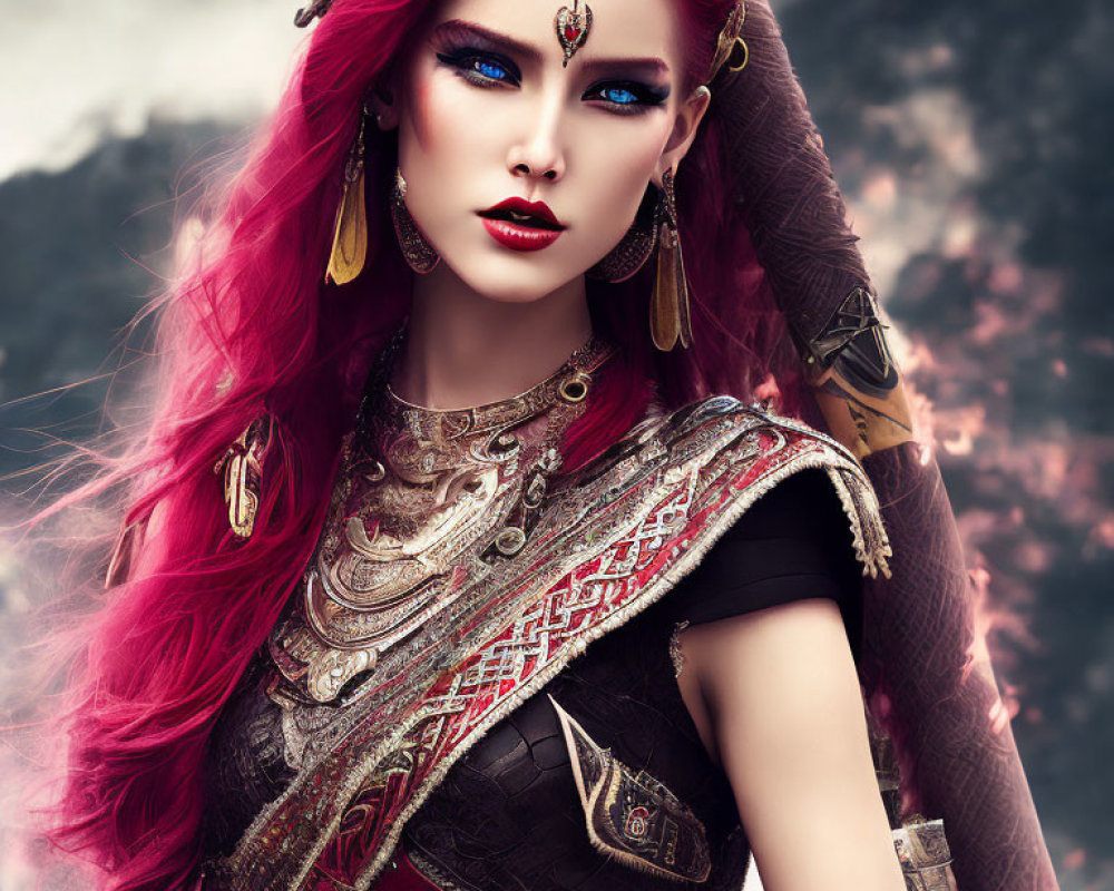 Vibrant red-haired woman in exotic makeup and gold jewelry with ornate armor against misty mountain