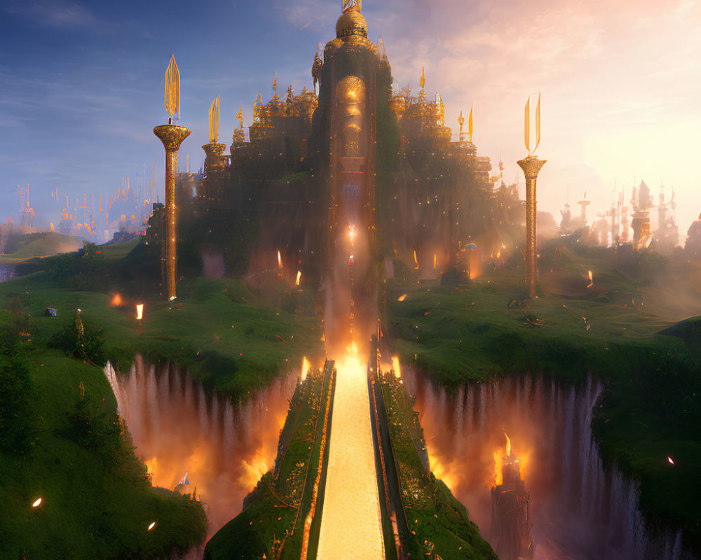 Fantasy castle at sunset with golden path over chasm