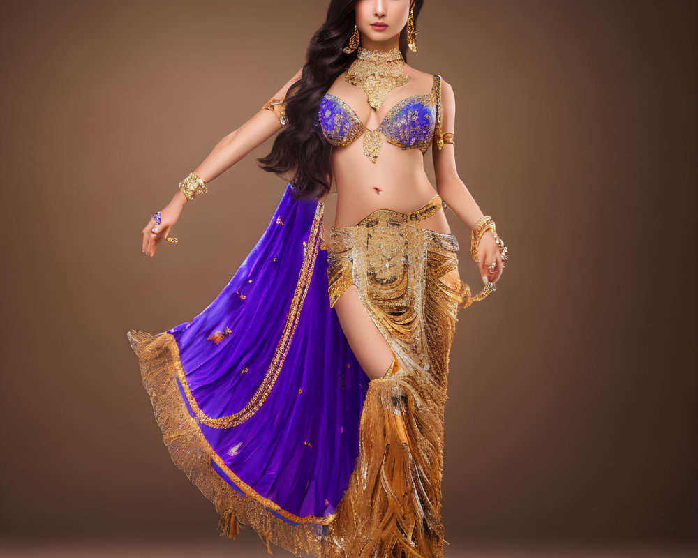 Luxurious Purple and Gold Belly Dancing Costume with Beadwork and Jewelry