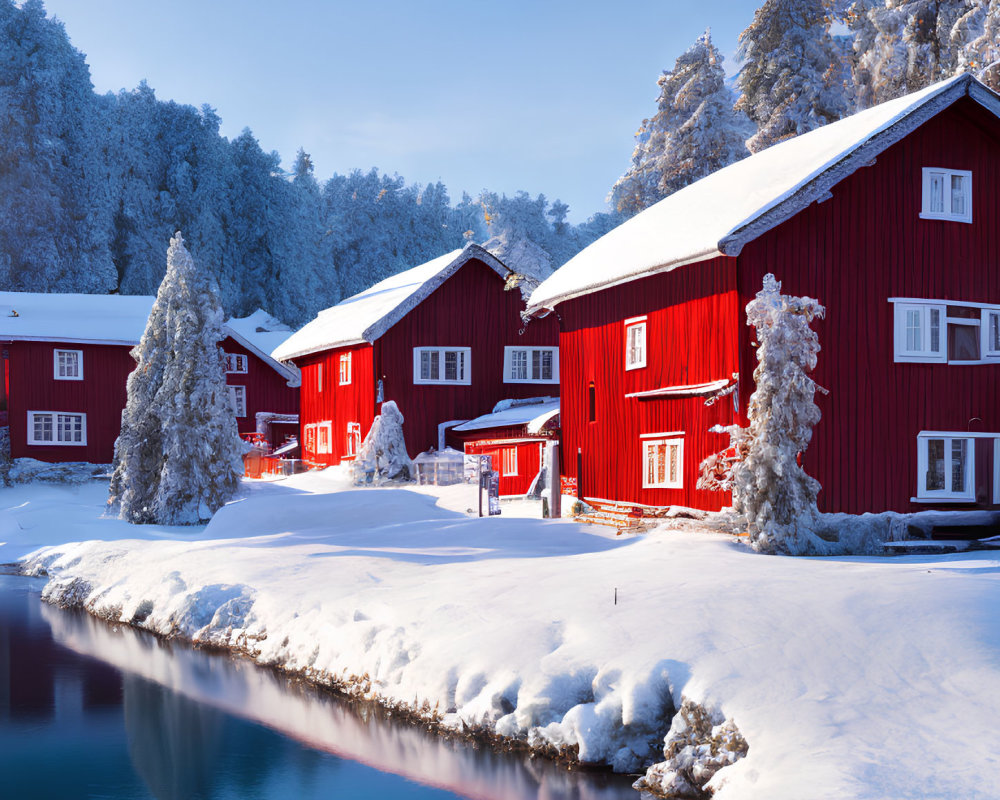 Tranquil River Scene: Red Wooden Houses, Snowy Trees, Blue Sky